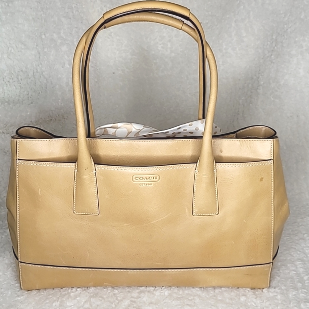 COACH | Madeline Tan Putty Satchel Bag w/Logo Scarf & Dust bag - Picture 7 of 16
